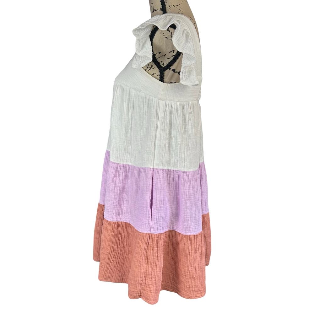 Vici Babydoll Tiered Dress Small White Lavender Terracotta Colorblock Gauze Mini - Picture 8 of 13